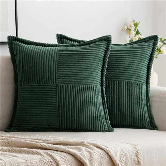 Set of 2 Dark Green Corduroy Pillow Covers,Boho Striped Decorative Cushion 18x18 - Picture 1 of 7